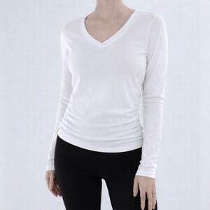 NWT White V Neck Long Sleeve Ruched Side Top Fitted Stretch Basic Small